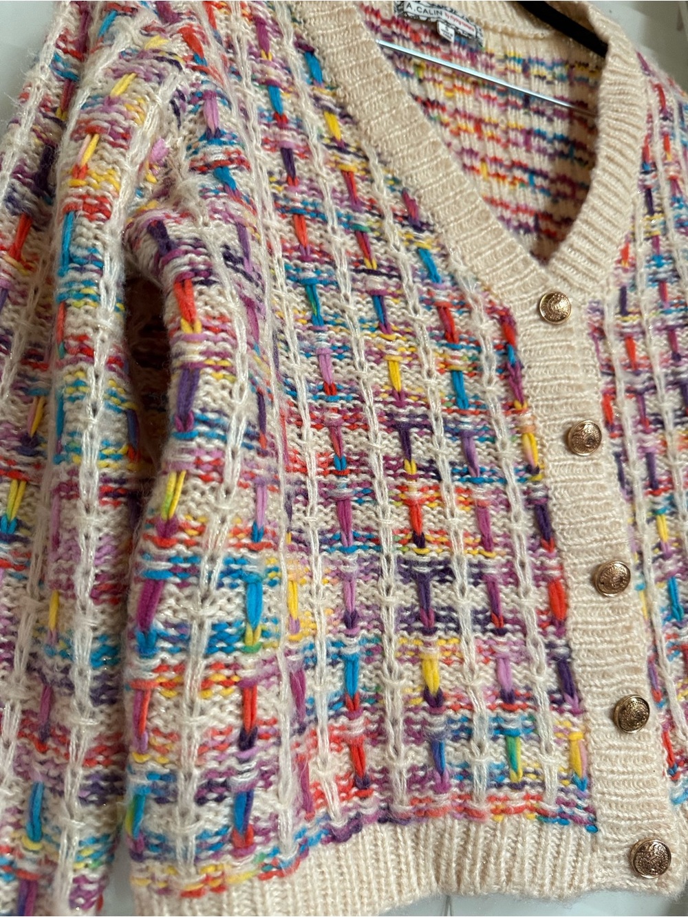 Flying Tomato Multicolor Crochet Stitch Cream Cardigan